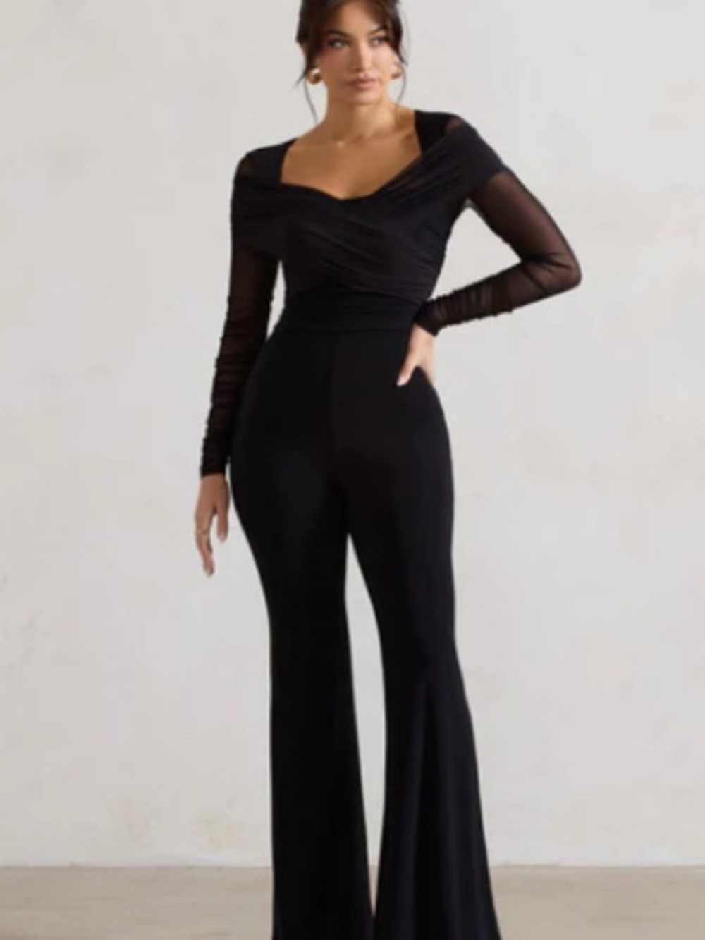 Club L London Black Off-Shoulder Sheer Sleeve Jumpsuit